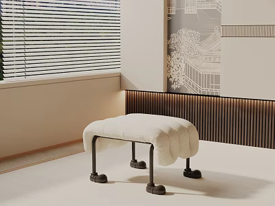 Modern Upholstered Side Table With Black Metal Legs Near Window Blinds And Wall Art 3d model