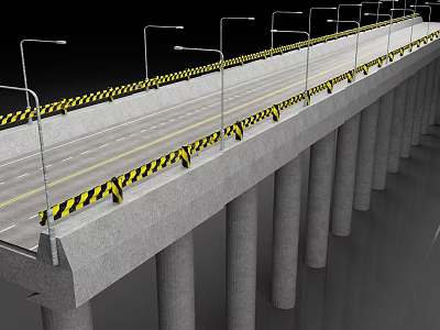 Concrete Bridge Structure With Railings Warning Strips And Street Lamps 3d model