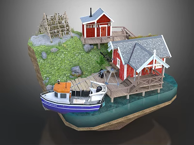 Cartoon Scene With Red Cottages Wooden Dock Small Boat Green Grass And Rocks 3d model