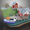 Cartoon Scene With Red Cottages Wooden Dock Small Boat Green Grass And Rocks