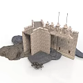 Detailed Medieval Castle Model With Stone Walls Towers And Rocks
