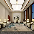 Hotel Public Lounge Area With Comfortable Sofas Blue Patterned Rug Decorative Painting And Green Plants