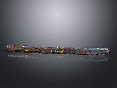 Detailed Train Model With Multiple Blue Yellow Gray Carriages And Shiny Surface Design 3d model