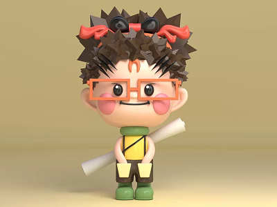 Cartoon Style Game Movie Character With Spiky Black Hair Red Bows And Orange Glasses 3d model