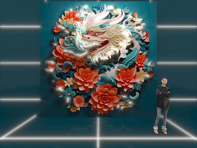 Stunning Dragon Artwork With Peony Flowers Illuminated Blue Background And Person 3d model