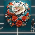 Stunning Dragon Artwork With Peony Flowers Illuminated Blue Background And Person