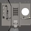 Modern Bathroom Interior With Shower Toilet Vanity Round Mirror And Shelves