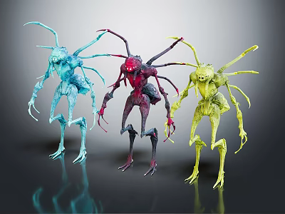 Colorful Alien Creature Characters in Blue Red Yellow with Long Limbs on Dark Background 3d model