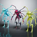 Colorful Alien Creature Characters in Blue Red Yellow with Long Limbs on Dark Background