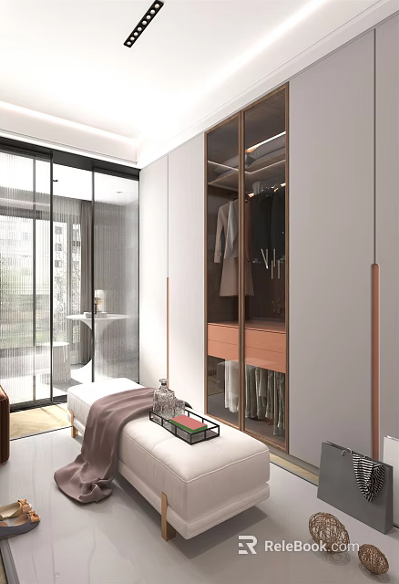 Modern Walk in Closet Interior Design With Glass Door Cabinets Hanging Clothes And Drawers 3d model 