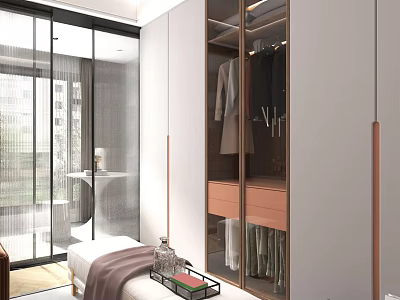 Modern Walk in Closet Interior Design With Glass Door Cabinets Hanging Clothes And Drawers 3d model
