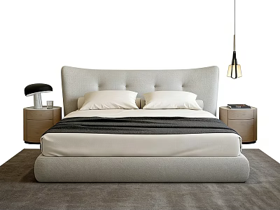 Modern Double Bed With Tufted Headboard White Pillows Dark Blanket Nightstands And Black Pendant Lamp 3d model