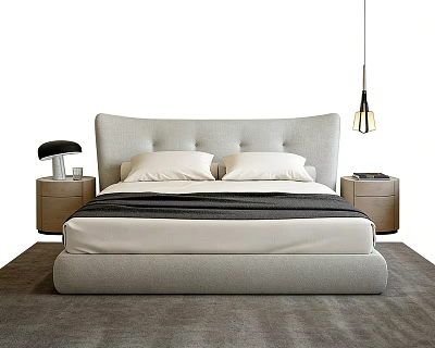 Modern Double Bed With Tufted Headboard White Pillows Dark Blanket Nightstands And Black Pendant Lamp 3d model