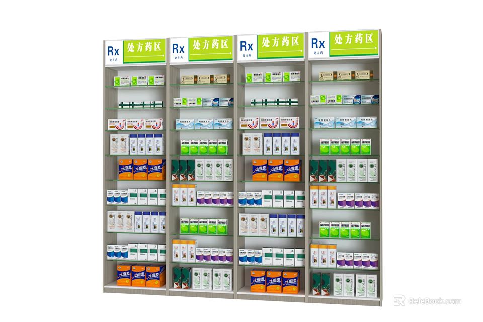 Mall Pharmacy Counter With Multiple Shelves Filled With Rx Prescription Medications 3d model 