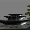 Tiered Stone Garden Fountain with Flowing Water Surrounded by Pebbles and Bonsai Pine Tree