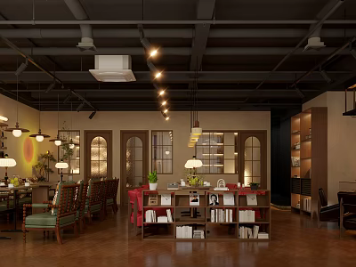 Cozy Café Interior Design With Pendant Lights Wooden Bookshelves Green Plants And Tables 3d model