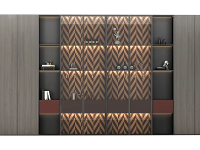 Modern Wine Cabinet With Geometric Pattern Panels And Illuminated Layered Shelves 3d model