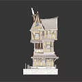 Medieval Multi Story Building With Wooden Frame Gabled Roof Stone Base And Lit Windows