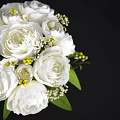 White Flowers In Transparent Glass Vase With Green Leaves Yellow Accents And White Bow