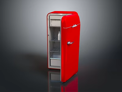 Vintage Red Refrigerator With Open Door And Interior Shelves Metal Handles 3d model