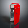 Vintage Red Refrigerator With Open Door And Interior Shelves Metal Handles