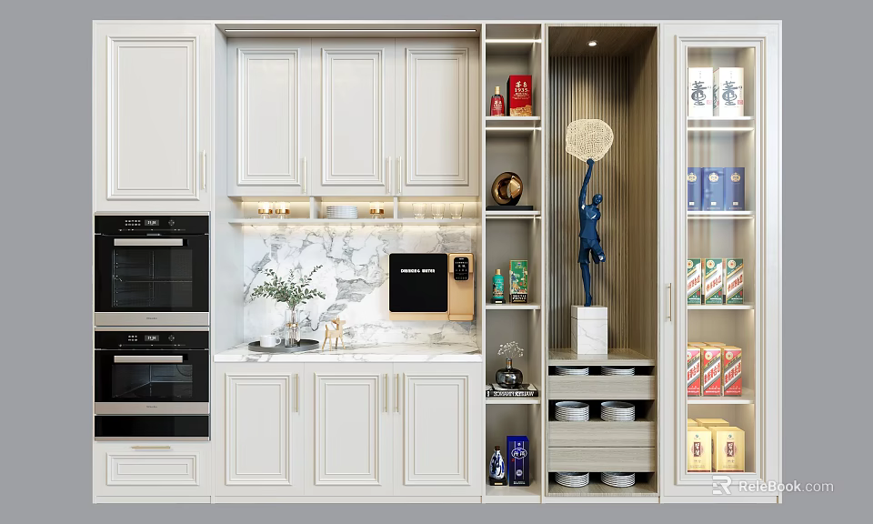 Modern White Kitchen Sideboard With Cabinets Open Shelves Marble Countertop And Built in Lighting 3d model 