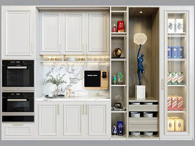 Modern White Kitchen Sideboard With Cabinets Open Shelves Marble Countertop And Built in Lighting 3d model