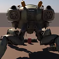 Camouflage Painted Mechanical Crab Sculpture With Cannons Barbed Wire Wooden Crates Oil Drums Blue Sky