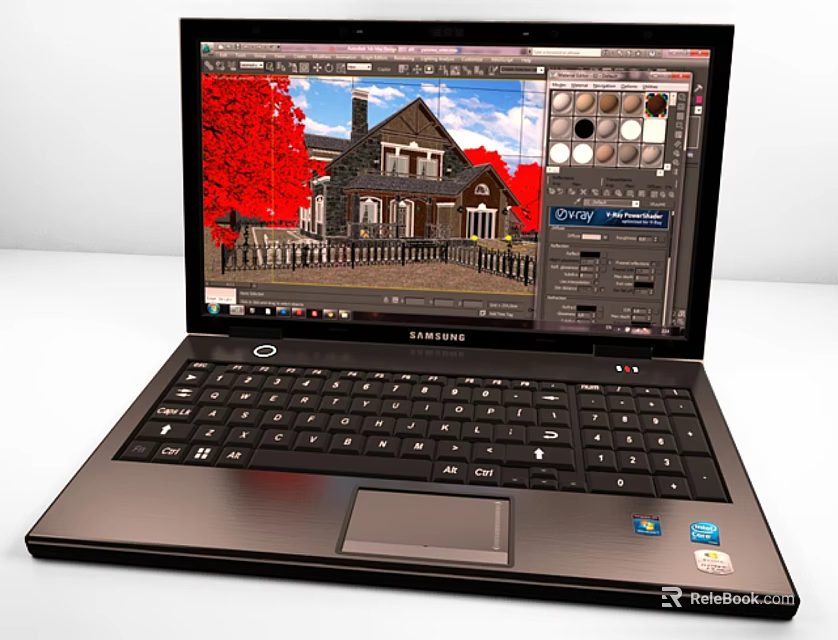 Samsung Laptop Displaying Design Software With House Image And Red Trees 3d model 