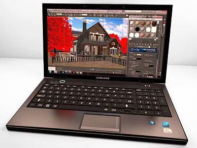Samsung Laptop Displaying Design Software With House Image And Red Trees 3d model