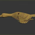 Golden Duck in Flight with Outstretched Wings Against Dark Background