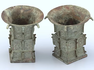 Two Ancient Style Ceramic Vessels with Flared Mouths Intricate Carvings Decorative Handles and Square Bases 3d model