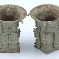 Two Ancient Style Ceramic Vessels with Flared Mouths Intricate Carvings Decorative Handles and Square Bases