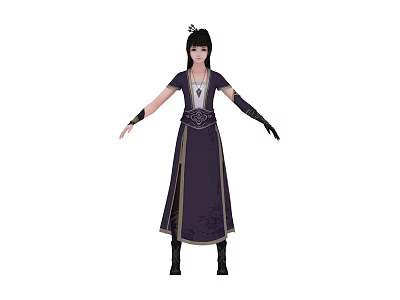 Game Movie Female Character Wearing Purple Dress With Black Hair And Gold Patterns 3d model