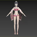 Woman in Red Bikini and Shorts with Pink Fringed Shawl and Headpiece on Purple Background