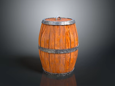 Vintage Wooden Barrel With Natural Wood Grain Metal Hoops And Top Ring 3d model