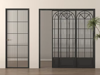 Modern Sliding Doors With Black Frame And Arched Glass Grid Design In Interior Room 3d model