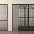 Modern Sliding Doors With Black Frame And Arched Glass Grid Design In Interior Room