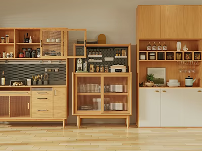 Modern Wooden Sideboard Cabinet With Glass Doors Storage Drawers And Display Shelves In Kitchen 3d model