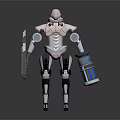 Futuristic Pink And White Robot With Blue Glowing Elements Holding Shield And Device
