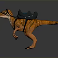 Orange Striped Dinosaur Character Wearing Black Hat And Blue Accented Saddle