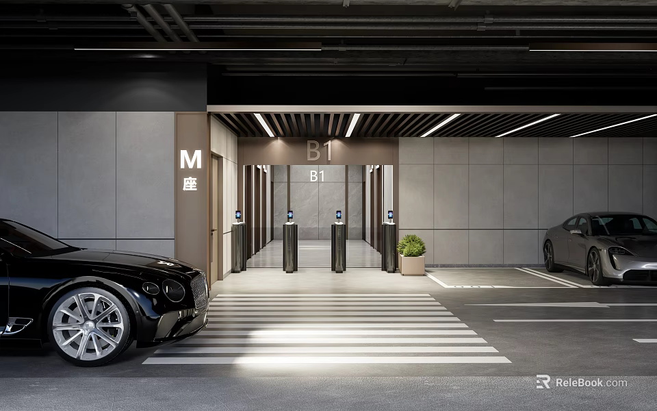 Underground Parking Elevator Lobby With M B1 Signage White Striped Floor Turnstiles And Green Plant 3d model 