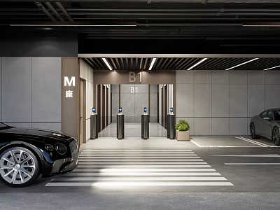 Underground Parking Elevator Lobby With M B1 Signage White Striped Floor Turnstiles And Green Plant 3d model