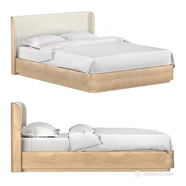 Simple Modern Double Bed With Wooden Frame Headboard And White Bedding 3d model