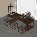 Chinese Style Wooden Tea Table With Matching Chairs Stools And Tea Set