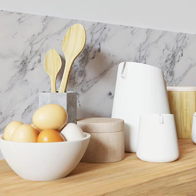 Stylish Kitchen Utensils with Wooden Spoons White Jug and Eggs in Bowl on Marble Background 3d model
