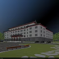 Traditional Style Office Building with Light Exterior Walls Chinese Roof Green Lawn Trees and Wooden Benches