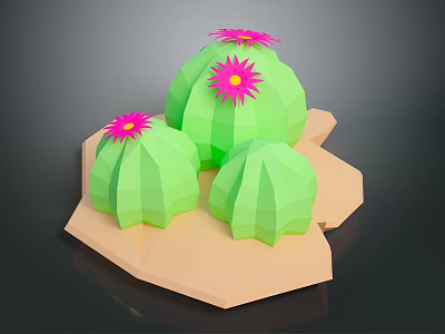 Low Poly Green Cactus Plants With Pink Flowers On Geometric Base 3d model