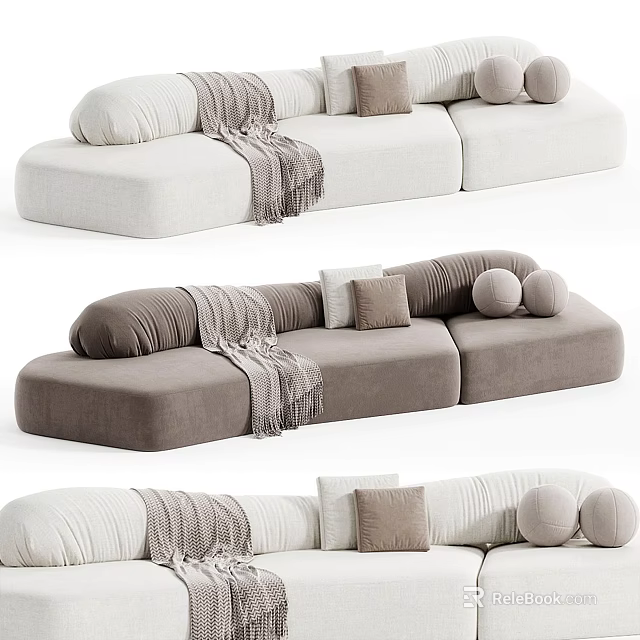 Cozy Sectional Sofa Interior With Cream Gray Upholstery Decorative Pillows And Knit Blanket 3d model 