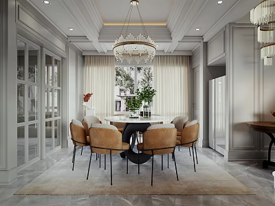 Elegant Modern Dining Room Interior With Crystal Chandelier Round Table Tan Chairs And Green Plants 3d model